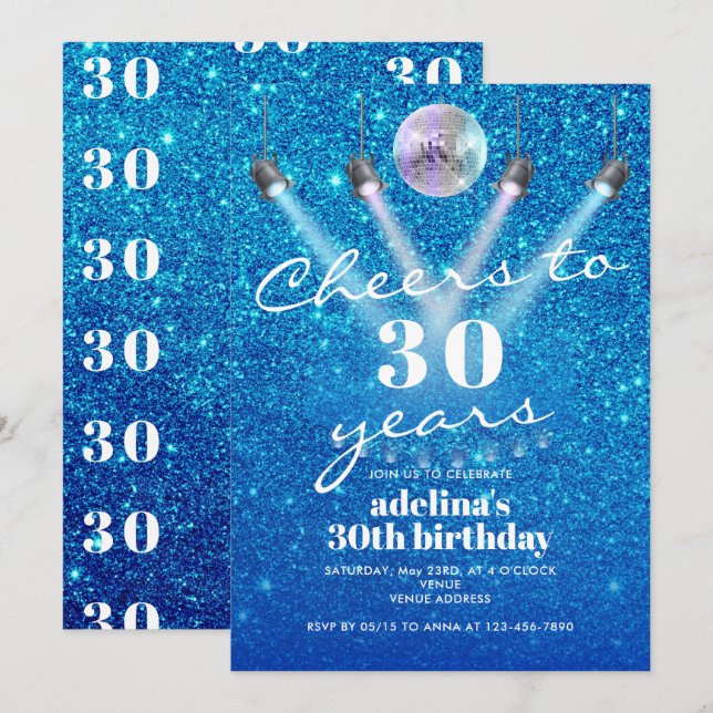 Invitación Saludos a 30 años Blue Glam Disco Retro Cumpleaños (Anverso / Reverso)