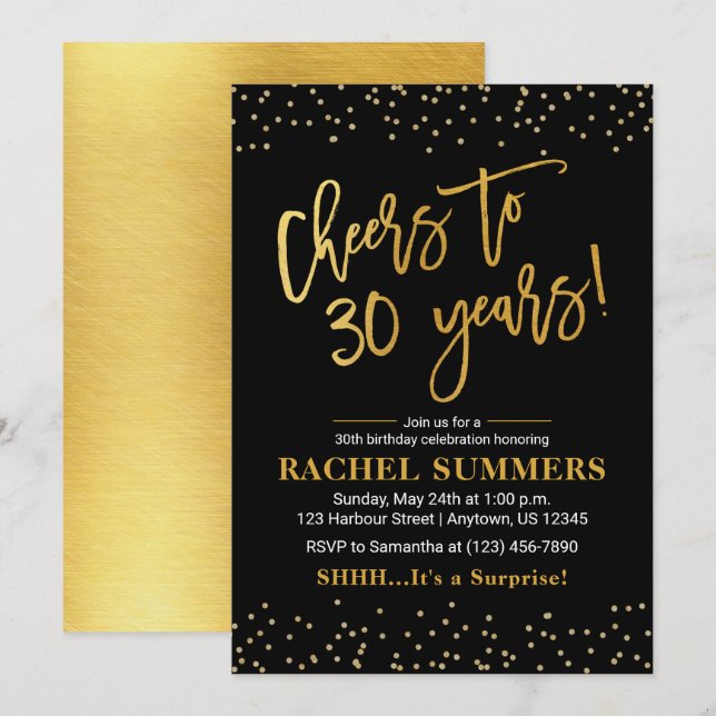 Invitación Saludos a 30 años Cumpleaños de Adultos Negros y O (Anverso / Reverso)