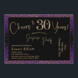 Invitación Saludos a 30 años sorpresa cumpleaños, morado<br><div class="desc">Utilizando dos tipos de letra distintivos, he creado gráficos para su invitación y los he embellecido con un efecto de oro falso metálico para una vibración festiva. Aunque cada parte se puede mover para adaptarla a sus necesidades, el encabezado dice "¡Saludos a 30 años!" y "Fiesta sorpresa". ("Sorpresa" se puede...</div>