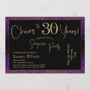 Invitación Saludos a 30 años sorpresa cumpleaños, morado