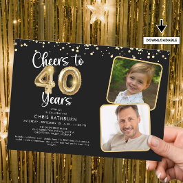Invitación Saludos a 40 años2 Fotos Script Balloon Confetti