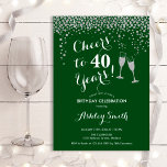 Invitación Saludos A 40 Años Cumpleaños - Verde Plateado<br><div class="desc">40.ª Invitación de cumpleaños. ¡Salud A 40 Años! Diseño elegante en verde oscuro,  blanco y plateado. Incluye gafas de champán,  letra de guión y confeti. Perfecto para una elegante fiesta de 40 años. Personaliza con tus propios detalles. Se puede personalizar para mostrar cualquier edad.</div>