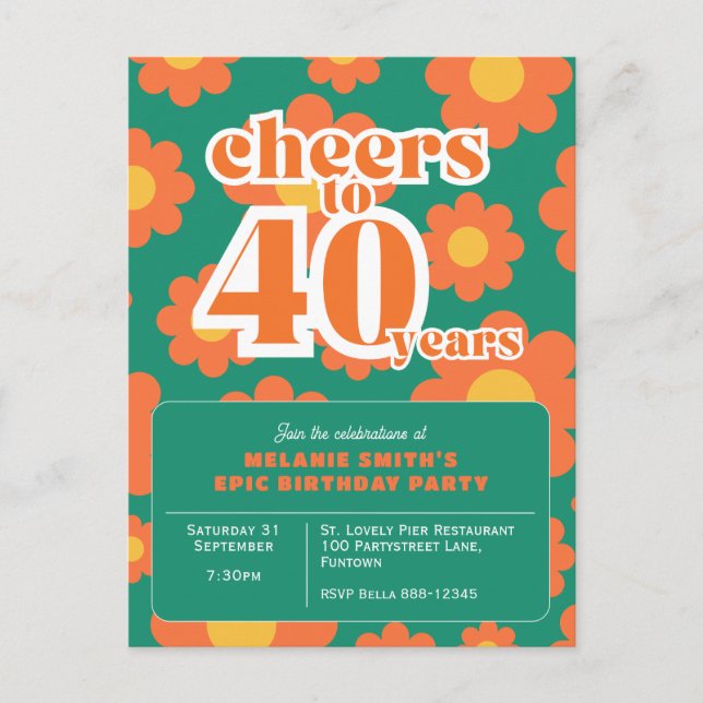 Invitación "Saludos a 40 años" retro verde 40 (Anverso)
