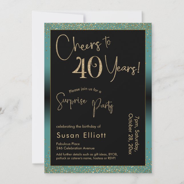 Invitación Saludos a 40 años sorpresiva fiesta de cumpleaños, (Anverso)