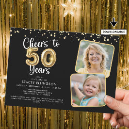 Invitación Saludos a 50 años2 Fotos Script Balloon Confetti