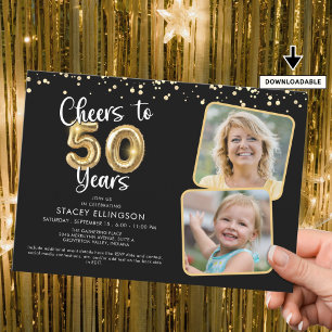 Invitación Saludos a 50 años2 Fotos Script Balloon Confetti