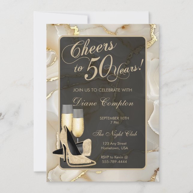 Invitación Saludos a 50 años Champagne y cumpleaños negro (Anverso)