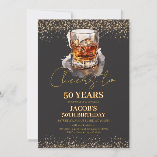 Invitación Saludos a 50 años cumpleaños de Whiskey (Anverso)