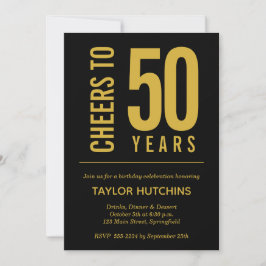 Invitación Saludos a 50 años de cumpleaños negro y oro