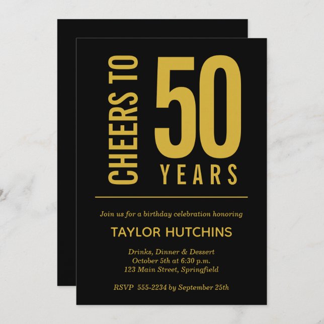 Invitación Saludos a 50 años de cumpleaños negro y oro (Anverso / Reverso)
