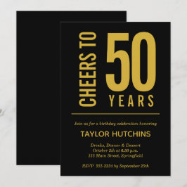 Invitación Saludos a 50 años de cumpleaños negro y oro