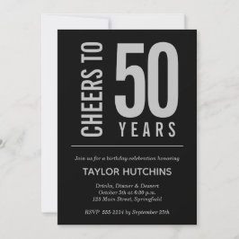 Invitación Saludos a 50 años de cumpleaños negro y plateado