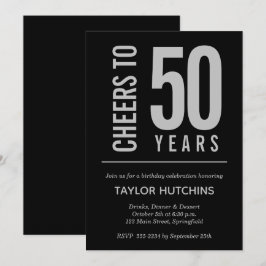 Invitación Saludos a 50 años de cumpleaños negro y plateado