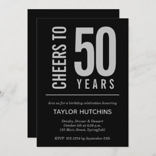 Invitación Saludos a 50 años de cumpleaños negro y plateado