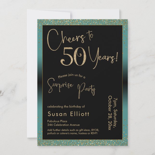 Invitación Saludos a 50 años sorpresiva fiesta de cumpleaños, (Anverso)