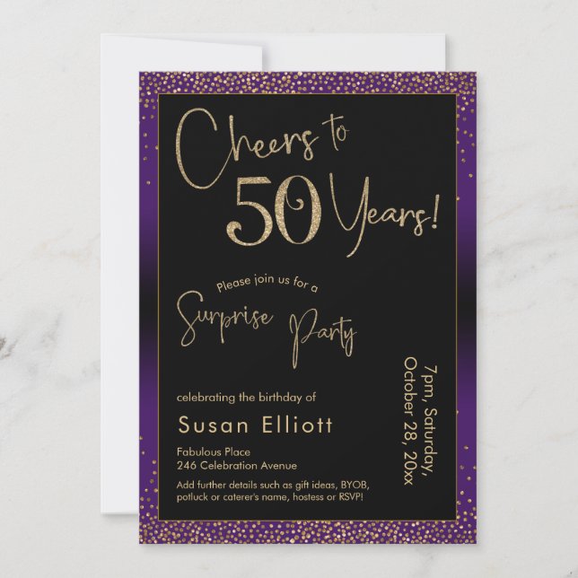 Invitación Saludos a 50 años sorpresiva fiesta de cumpleaños, (Anverso)