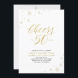 Invitación Saludos a 50 | Fiesta Gold Modern 50th Birthday<br><div class="desc">Celebremos su día especial con esta elegante invitación de fiesta de 50 años. Este diseño presenta la tipografía de oro de moda "Cheers to 50 años" y elementos dorados con un fondo blanco. Se puede personalizar el texto y el color de fondo. En mi tienda BaraBomDesign hay más suministros fiestas...</div>