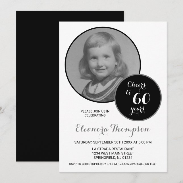 Invitación Saludos a 60 años foto en blanco y negro (Anverso / Reverso)