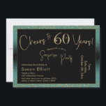 Invitación Saludos a 60 años sorpresa cumpleaños Verde azulad<br><div class="desc">Utilizando dos tipos de letra distintivos, he creado gráficos para su invitación y los he embellecido con un efecto de oro falso metálico para una vibración festiva. Aunque cada parte se puede mover para adaptarla a sus necesidades, el encabezado dice "¡Saludos a 60 años!" y "Fiesta sorpresa". ("Sorpresa" se puede...</div>