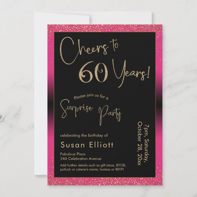 Invitación Saludos a 60 años sorpresiva fiesta de cumpleaños, (Anverso)