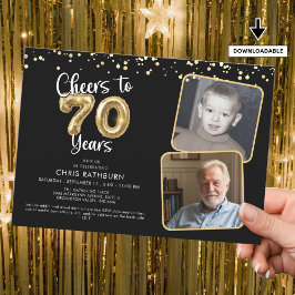 Invitación Saludos a 70 años 2 fotos guión globo