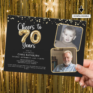 Invitación Saludos a 70 años 2 fotos guión globo