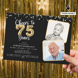 Invitación Saludos a 75 años 2 fotos guión globo