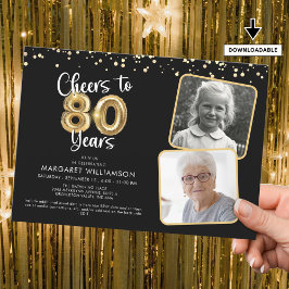 Invitación Saludos a 80 años2 Fotos Script Balloon Confetti