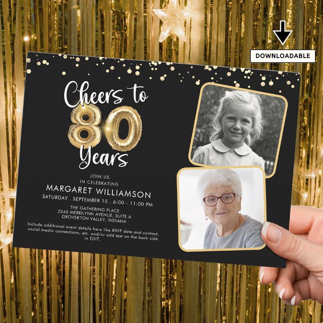 Invitación Saludos a 80 años2 Fotos Script Balloon Confetti (Subido por el creador)