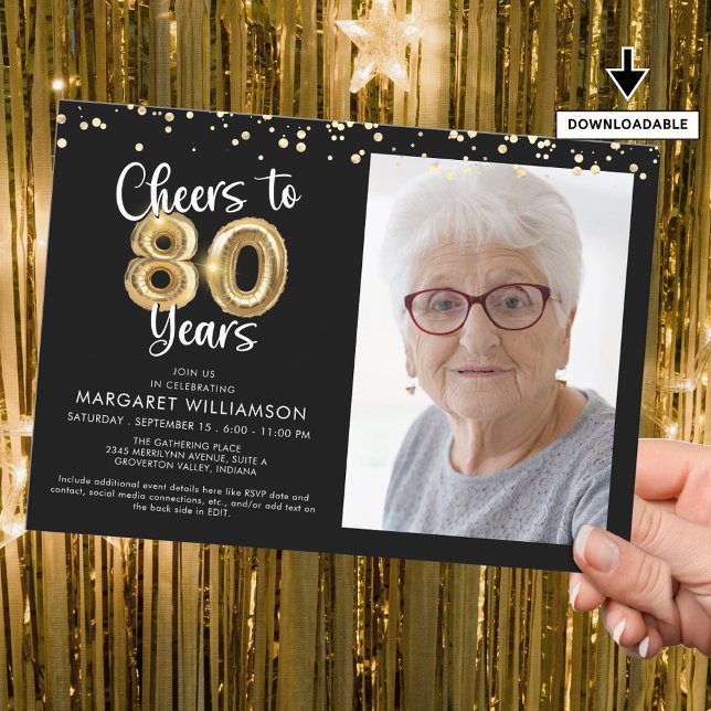 Invitación Saludos a 80 años de foto guión de globo de confet (Subido por el creador)