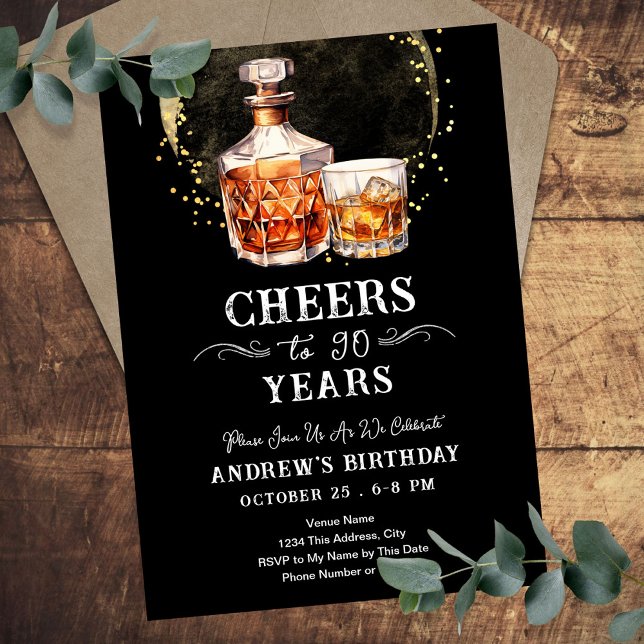 Invitación Saludos a 90 años cumpleaños de adultos en Whiskey (Subido por el creador)