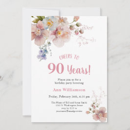 Invitación Saludos a 90 años de cumpleaños con flores rosadas