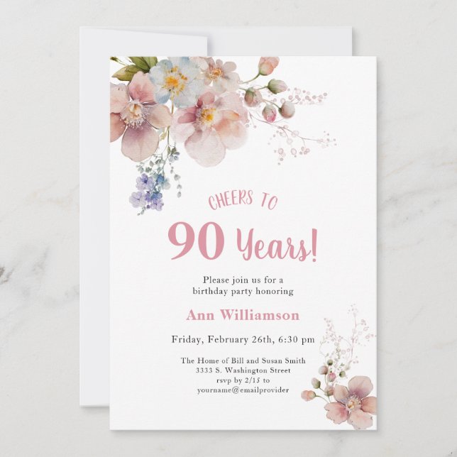 Invitación Saludos a 90 años de cumpleaños con flores rosadas (Anverso)