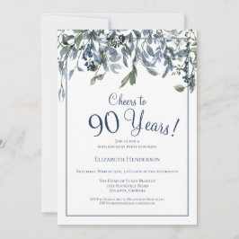 Invitación Saludos a 90 años Floral Azul