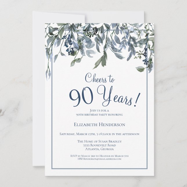 Invitación Saludos a 90 años Floral Azul