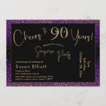 Invitación Saludos a 90 años Sorpresa cumpleaños, morado<br><div class="desc">Utilizando dos tipos de letra distintivos, he creado gráficos para su invitación y los he embellecido con un efecto de oro falso metálico para una vibración festiva. Aunque cada parte se puede mover para adaptarla a sus necesidades, el encabezado dice "¡Saludos a 90 años!" y "Fiesta sorpresa". ("Sorpresa" se puede...</div>