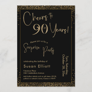 Invitación Saludos a 90 años Sorpresa Cumpleaños Oro y Negro