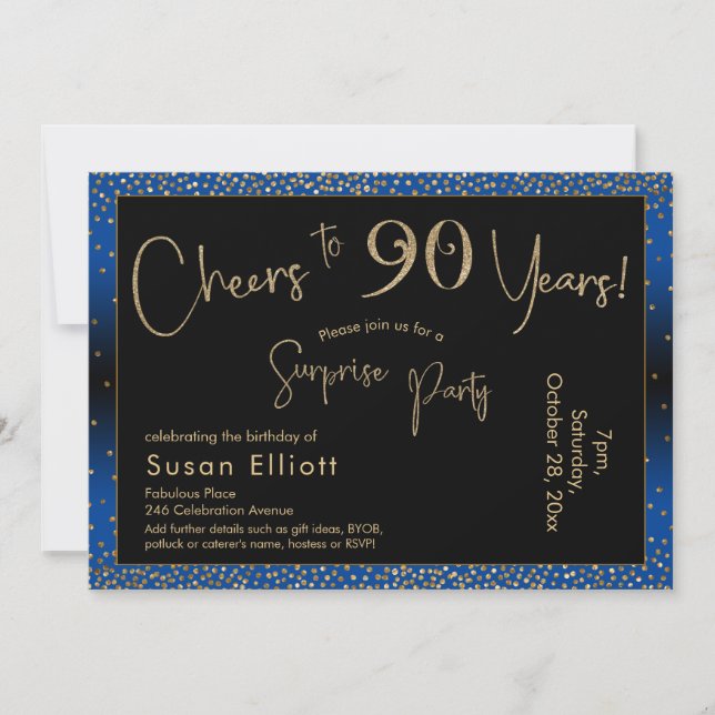 Invitación Saludos a 90 años Sorpresa Día del Oro y Azul (Anverso)