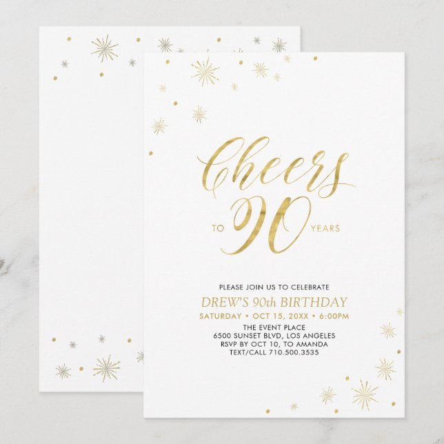 Invitación Saludos a 90 | Fiesta de los 90 Años Oro y Blanco (Anverso / Reverso)