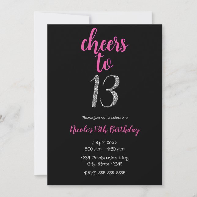 Invitación Saludos a la 13 fiesta de cumpleaños 13 de negro r (Anverso)