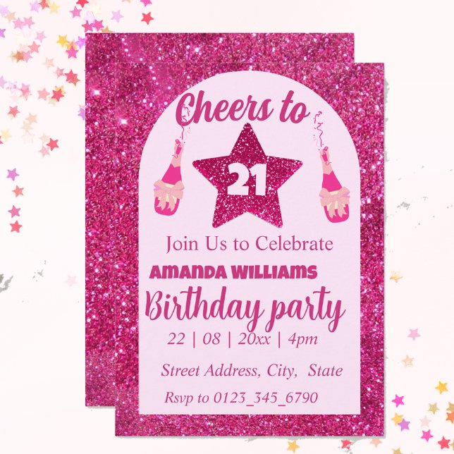 Invitación Saludos a la elegante moda purpurina rosa del 21 d (Subido por el creador)
