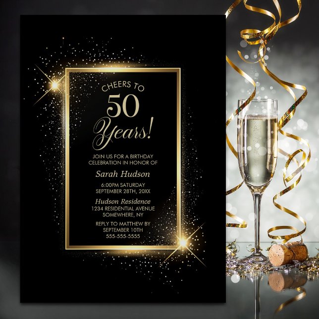 Invitación Saludos a la fiesta de cumpleaños Black Gold de 50 (Subido por el creador)