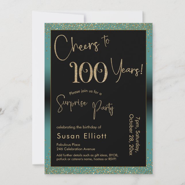 Invitación Saludos a la fiesta sorpresa de cumpleaños de 100  (Anverso)