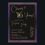 Invitación Saludos a la fiesta sorpresa de cumpleaños de 16 a<br><div class="desc">Utilizando dos tipos de letra distintivos, he creado gráficos para su invitación y los he embellecido con un efecto de oro falso metálico para una vibración festiva. Aunque cada parte se puede mover para adaptarla a sus necesidades, el encabezado dice "¡Saludos a 16 años!" y "Fiesta sorpresa". ("Sorpresa" se puede...</div>