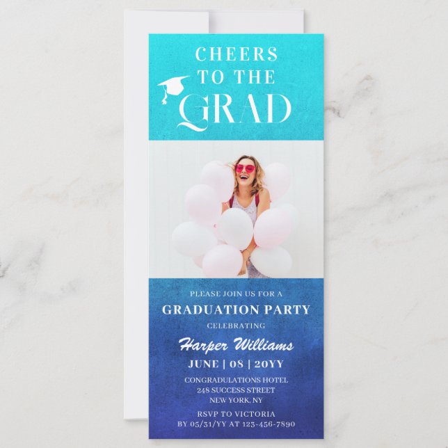 Invitación Saludos A La Grad Moderna Foto Azul (Anverso)