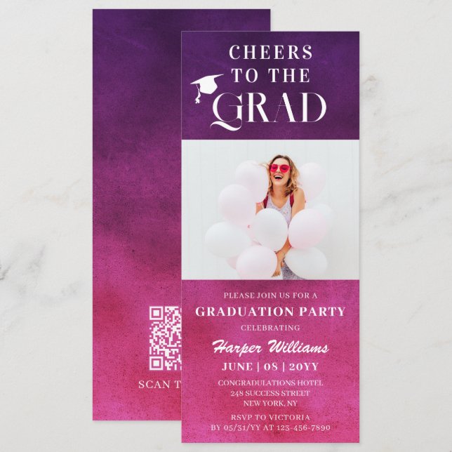 Invitación Saludos A La Grad Moderna Foto Púrpura Rosa (Anverso / Reverso)
