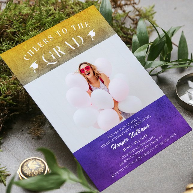 Invitación Saludos A La Grad Trendy Modern Photo Purple Gold (Subido por el creador)