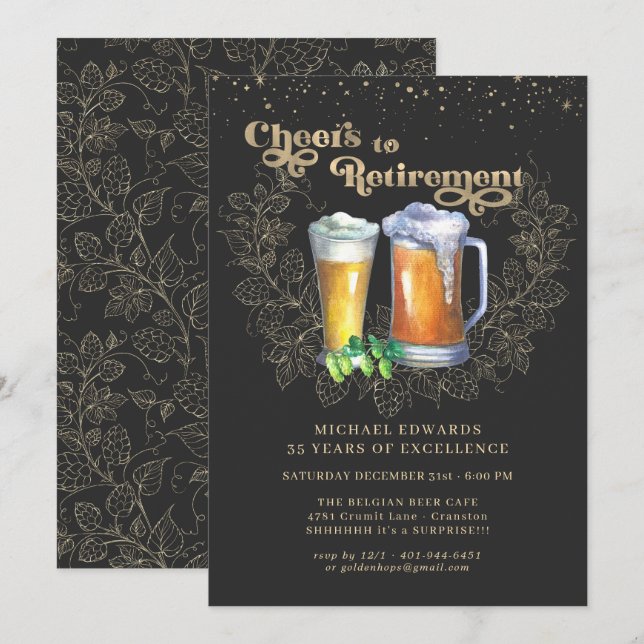 Invitación Saludos a la jubilación | Cepas y cerveza elegante (Anverso / Reverso)