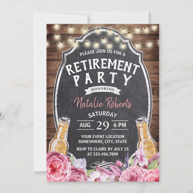 Invitación Saludos a la jubilada Rustic Floral Beer Fiesta (Anverso)