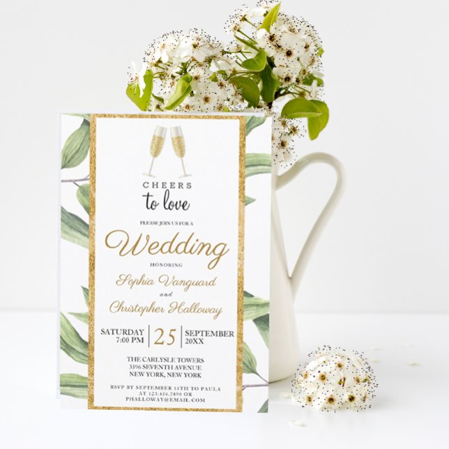 Invitación Saludos a la Moda Boda botánico de Champagne (CHEERS TO LOVE ELEGANT MODERN  BOTANICAL WEDDING INVITATION
)